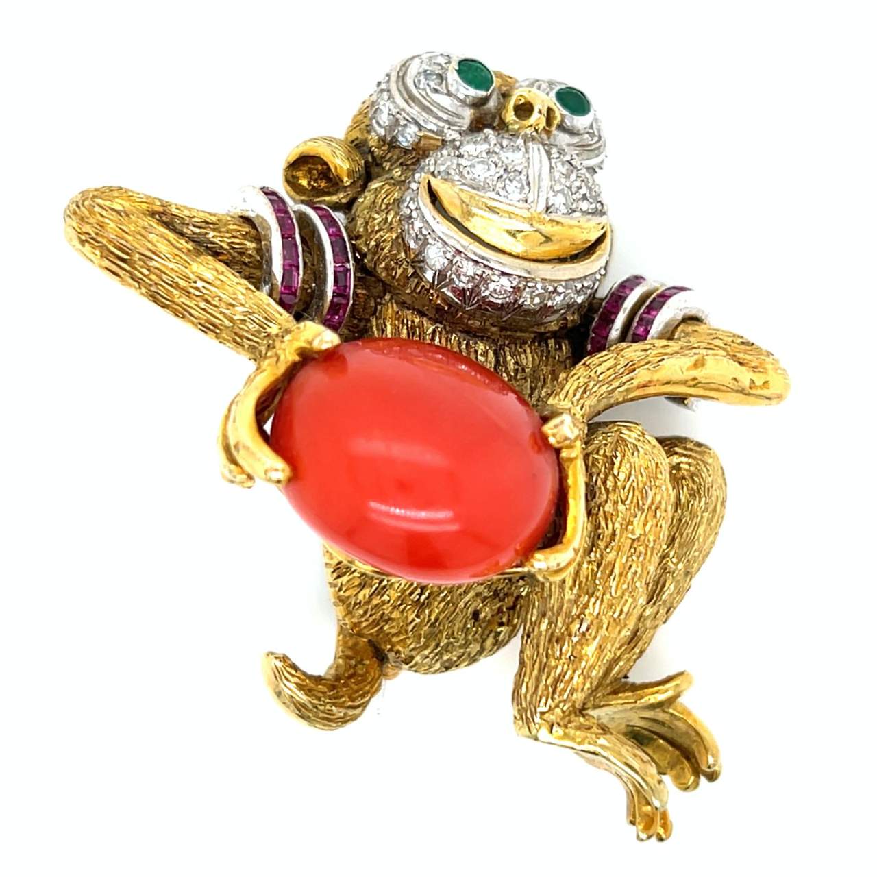 1960’s 18K Yellow Gold Diamond, Ruby, and Coral Monkey Brooch