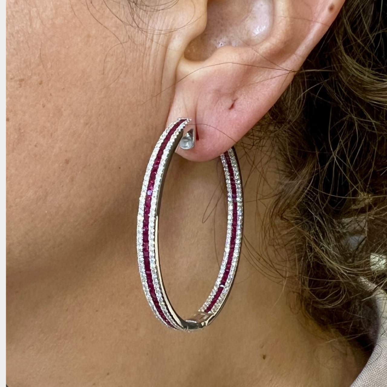 18K White Gold Ruby & Diamond Inside Outside Hoop Earrings