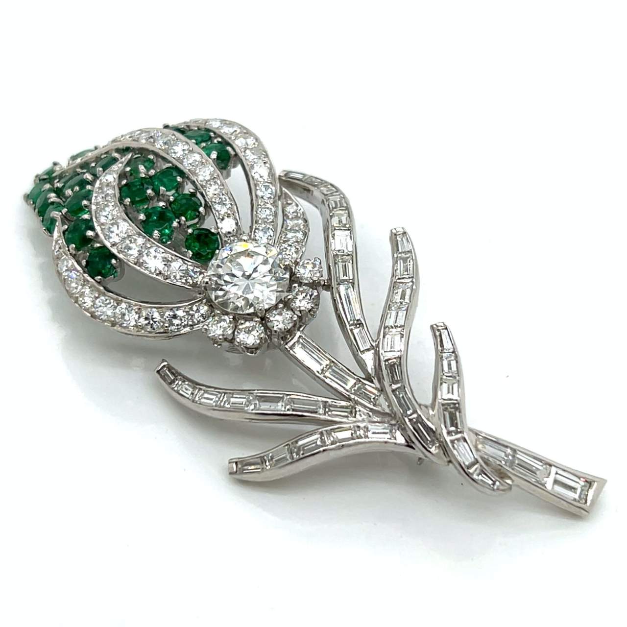 1950’s Platinum Emerald & Diamond Flower Brooch