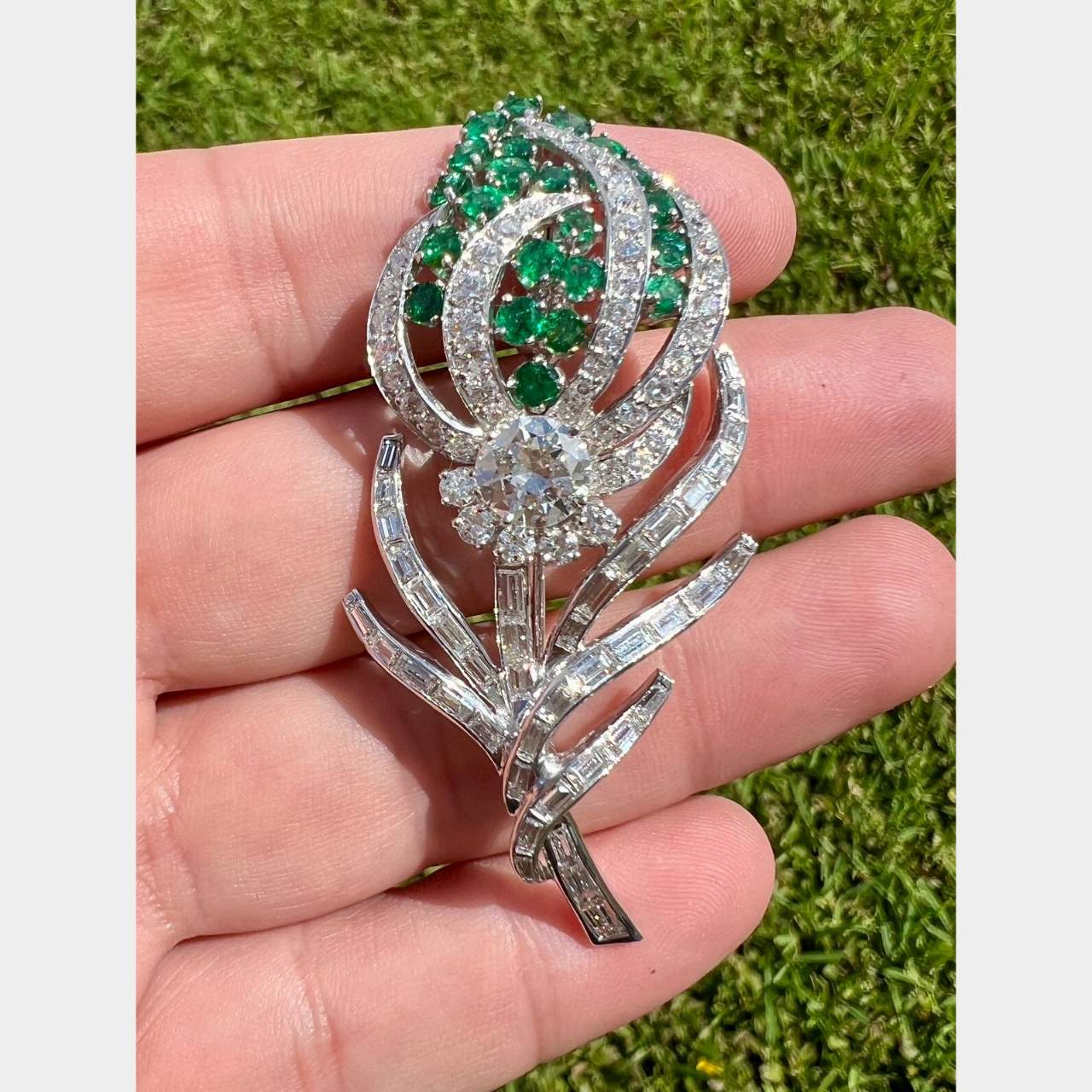 1950’s Platinum Emerald & Diamond Flower Brooch