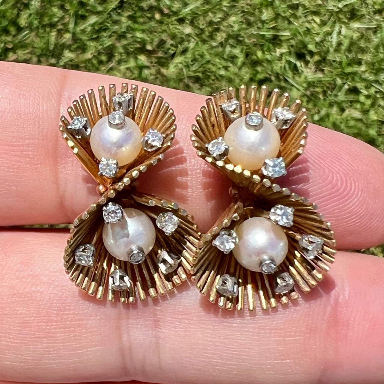 Retro 18K Yellow Gold Cultured Pearl & Diamond Earrings