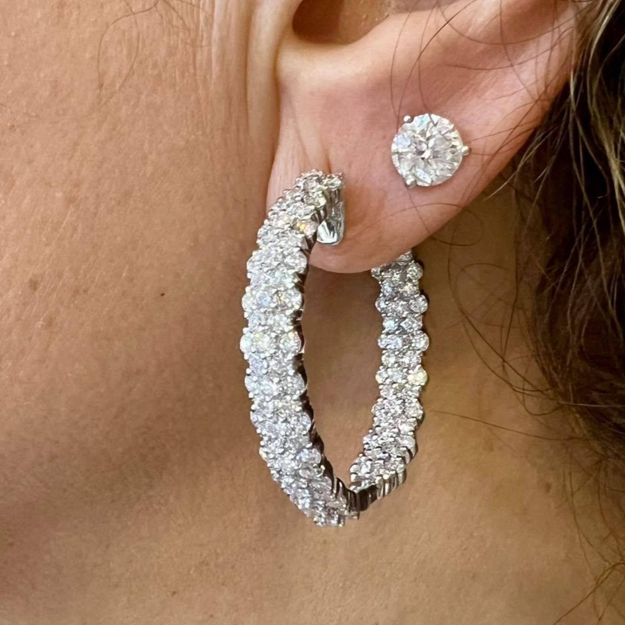 18K White Gold 8.50 Ct. Diamond Inside Outside Hoop Earrings