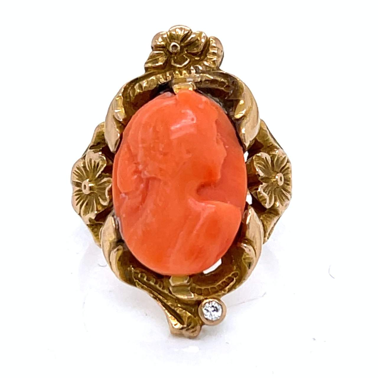 Art Nouveau 14K Yellow Gold Carved Coral & Diamond Ring