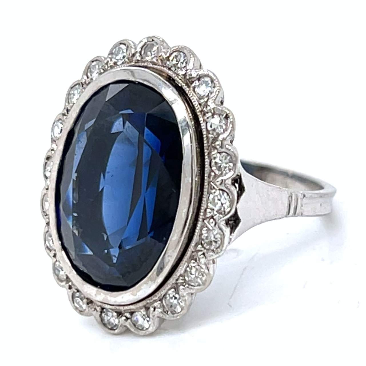 Art Deco 18K White Gold Synthetic Sapphire & Diamond Ring