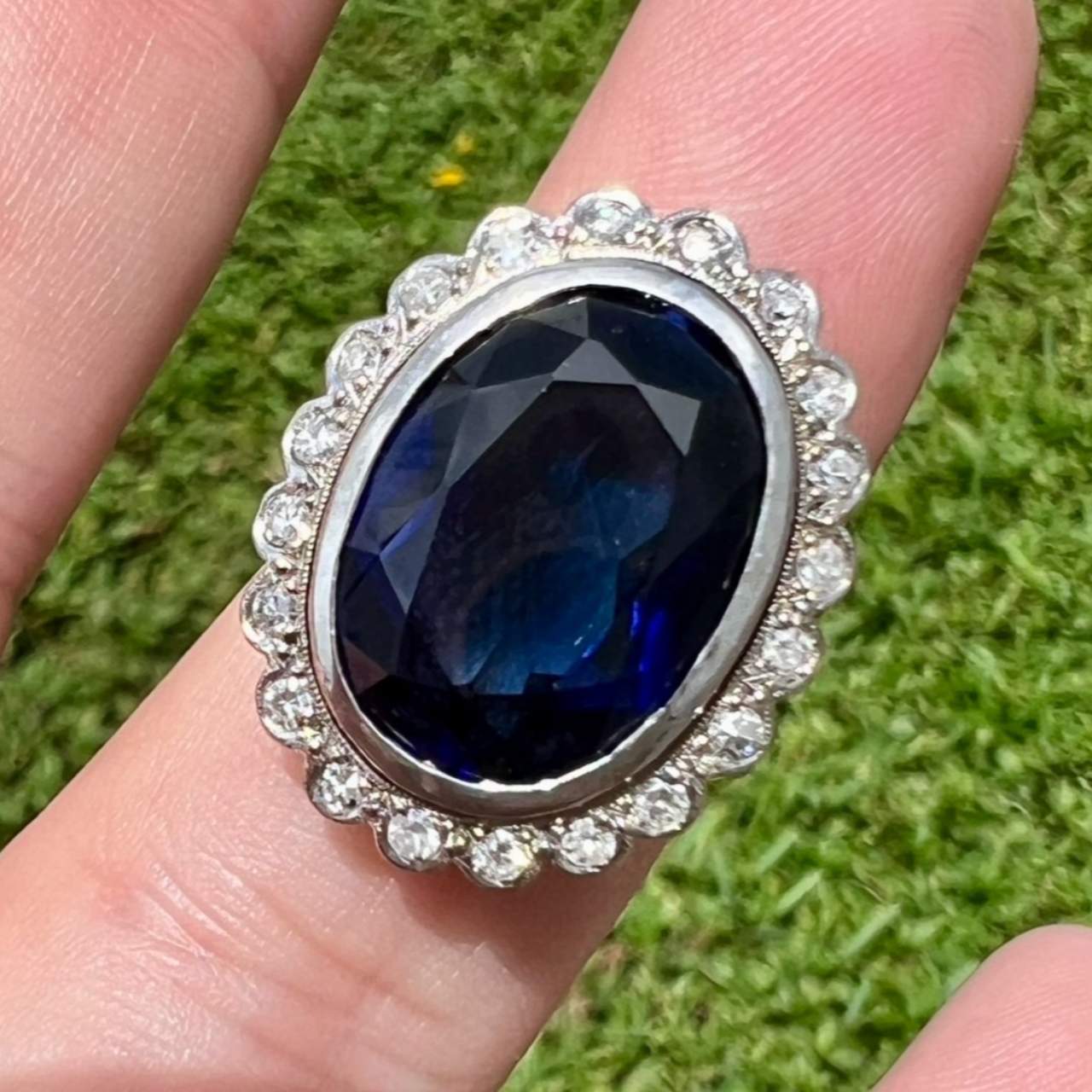 Art Deco 18K White Gold Synthetic Sapphire & Diamond Ring