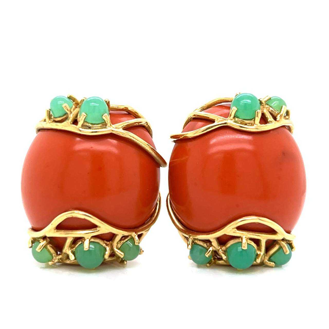 1960’s 18K Yellow Gold Coral & Chrysoprase Earrings