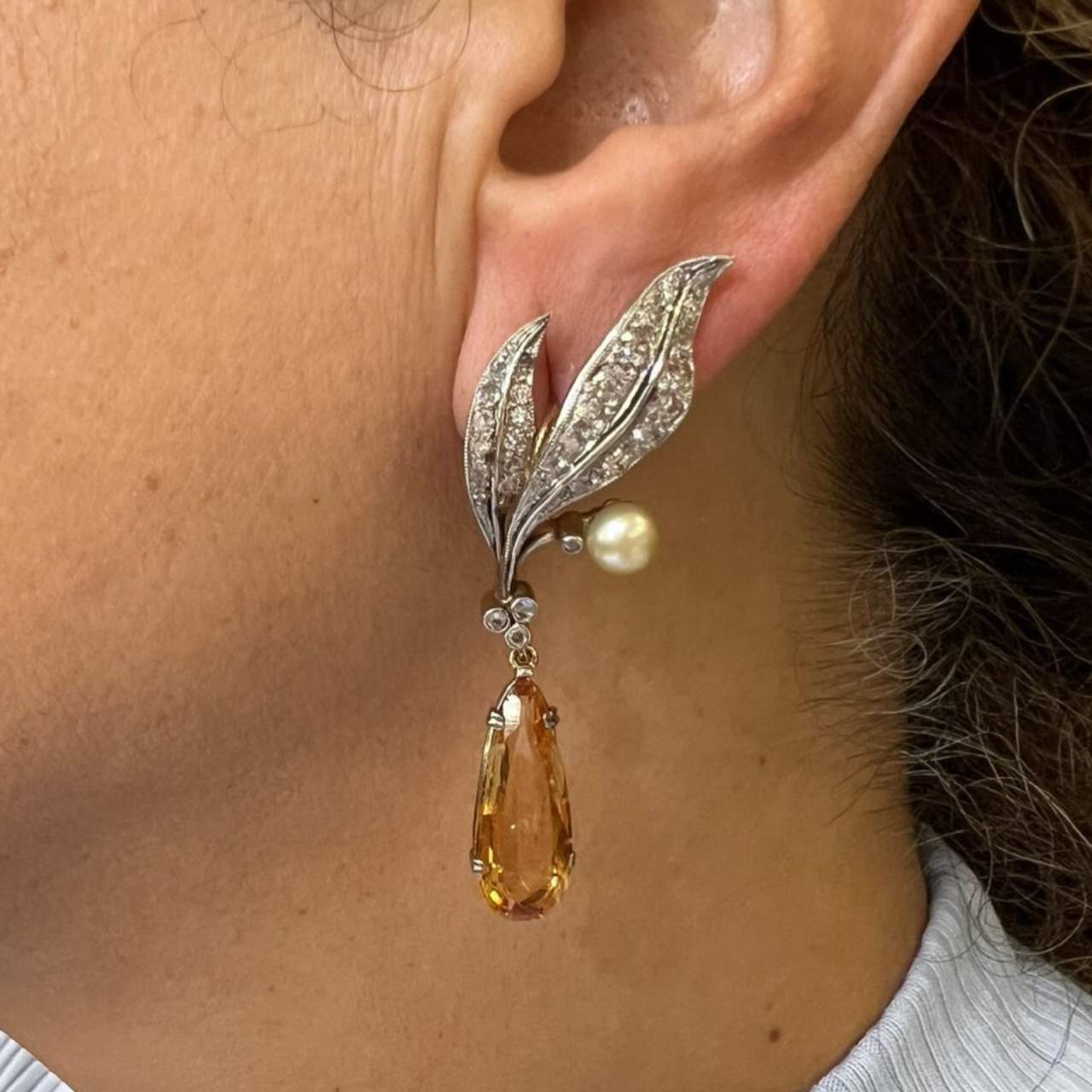 1950’s 18K & Platinum GIA CERTIFIED Natural Pearl and Topaz Day/Night Earrings