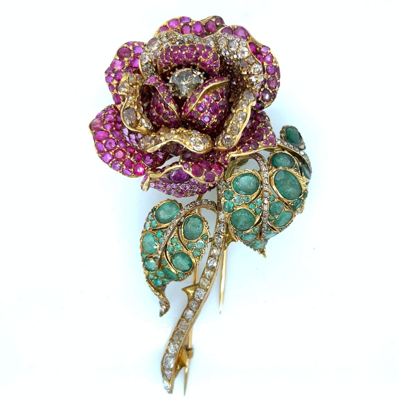 Antique 18K Yellow Gold Fancy Diamond, Burma Ruby, and Emerald Rose Brooch