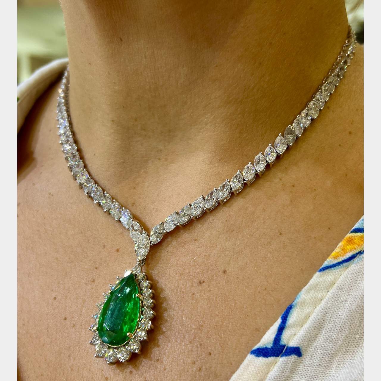 Platinum 14.12 Ct. Emerald & Diamond Pendant with Platinum 34.08 Ct. Graduated Diamond Necklace