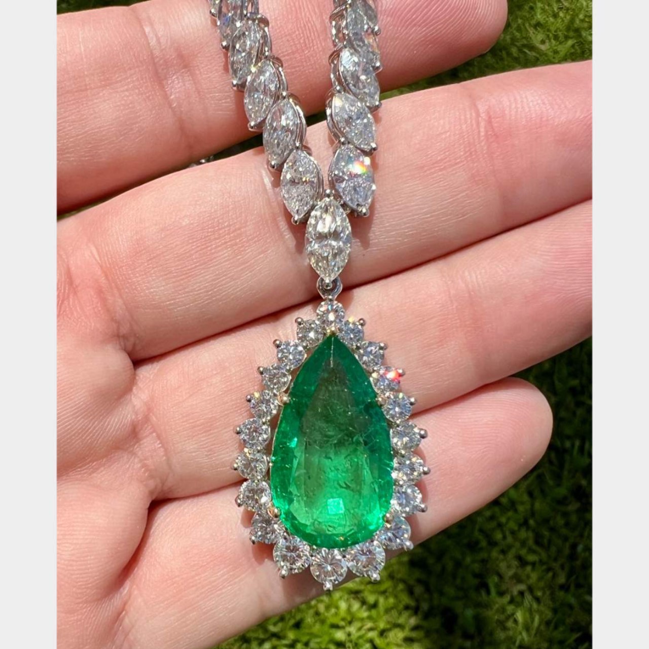Platinum 14.12 Ct. Emerald & Diamond Pendant with Platinum 34.08 Ct. Graduated Diamond Necklace