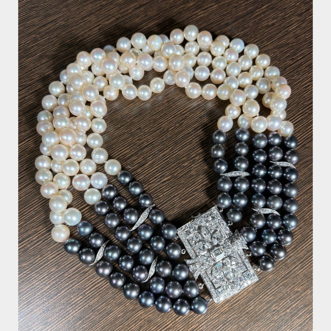 Art Deco Platinum & 14K Gold Cultured Black/White Pearl & Diamond Necklace