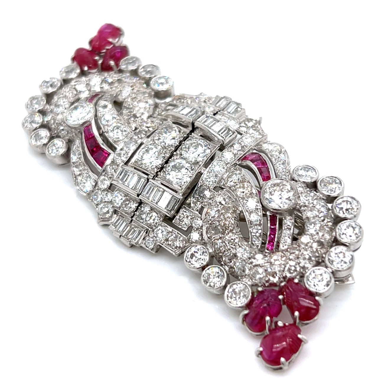 Art Deco Platinum Burma No-heat Ruby & Diamond Brooch/Clips