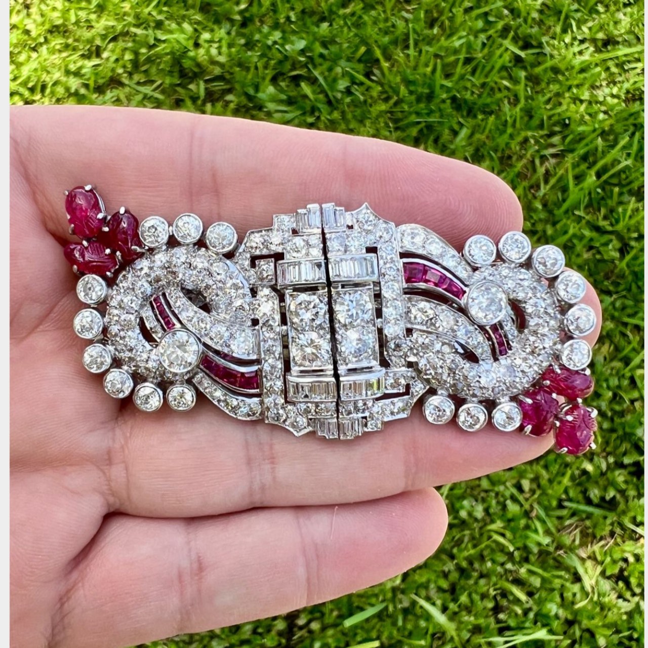 Art Deco Platinum Burma No-heat Ruby & Diamond Brooch/Clips