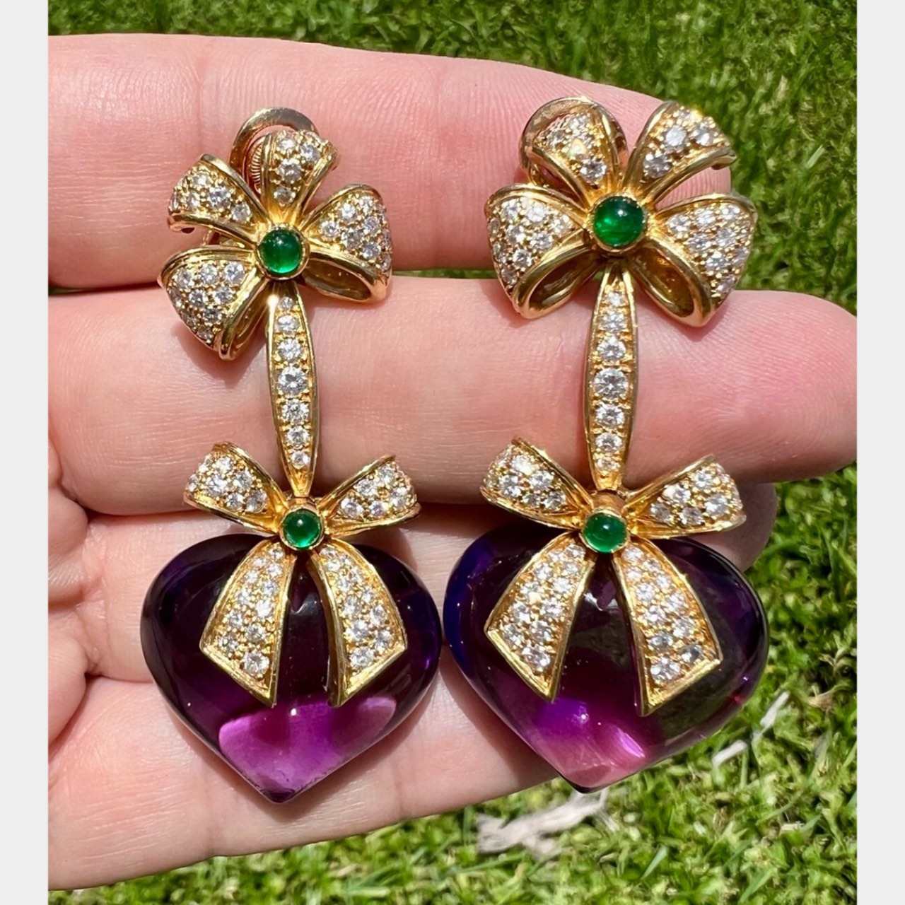 EVA SEGOURA French 18K Yellow Gold Amethyst, Diamond, and Emerald Earrings