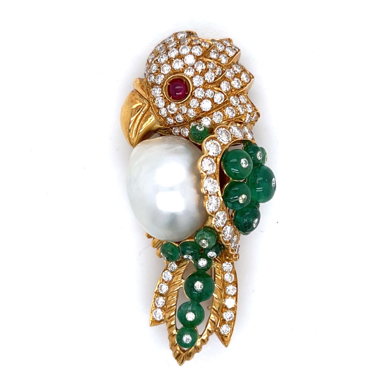 18K Yellow Gold South Sea Pearl, Diamond, Emerald, and Ruby Parrot Brooch