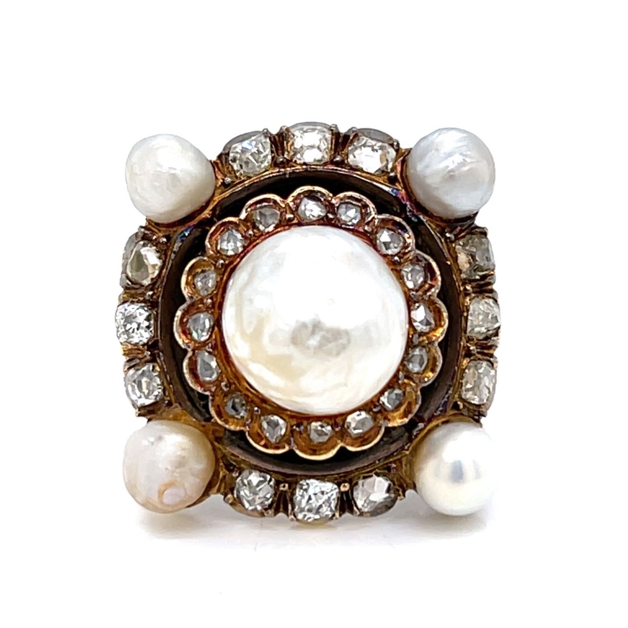 Victorian 18K & 14K Yellow Gold GIA Certified Natural Pearl & Diamond Ring