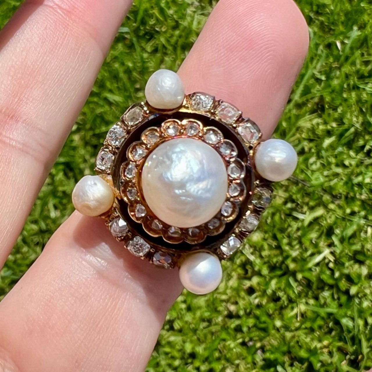Victorian 18K & 14K Yellow Gold GIA Certified Natural Pearl & Diamond Ring