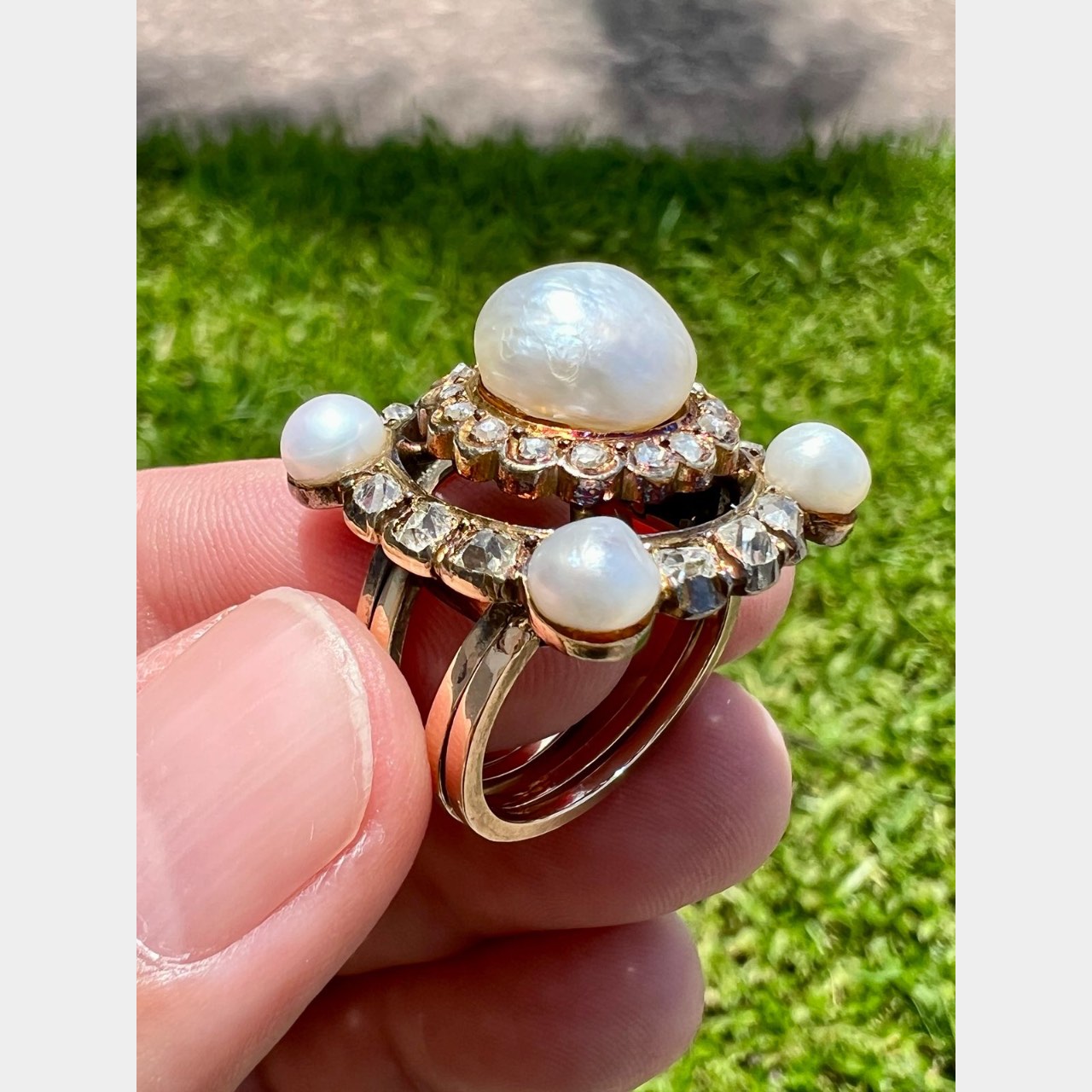 Victorian 18K & 14K Yellow Gold GIA Certified Natural Pearl & Diamond Ring