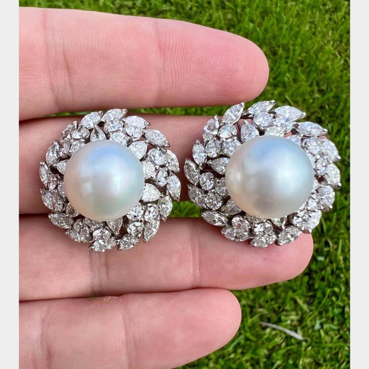 GIOVANNE 1960’s 18K White Gold South Sea Pearl & Diamond Earrings