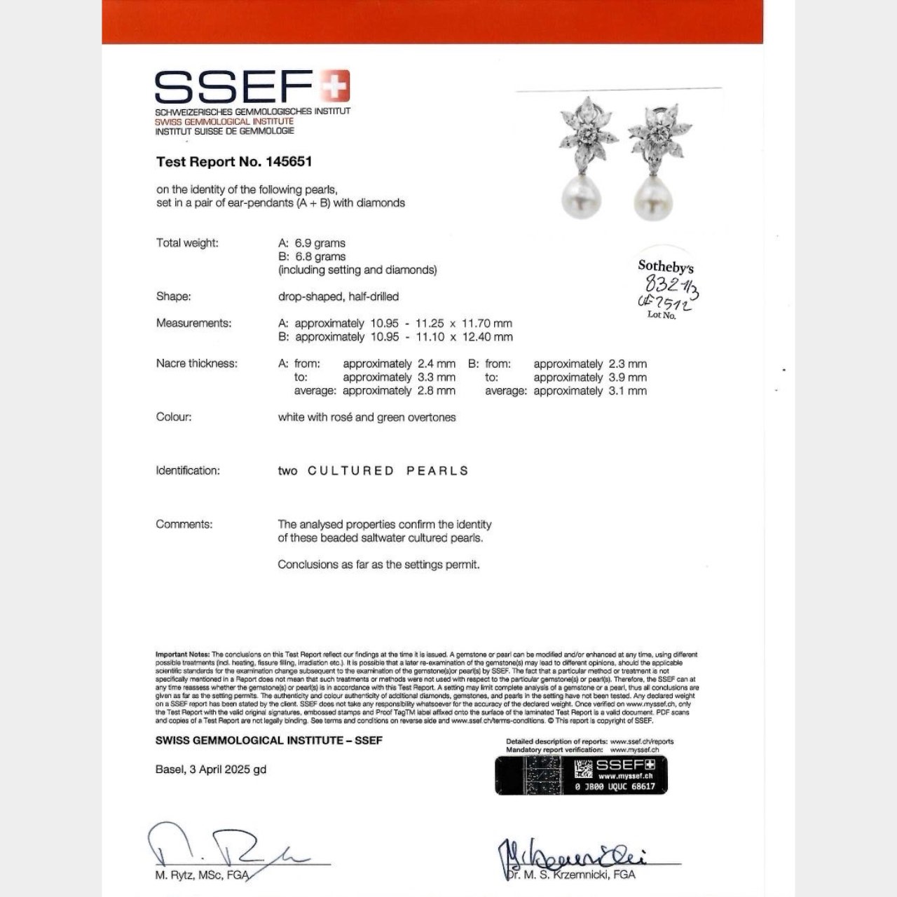 Platinum & 18K White Gold SSEF Certified South Sea Pearl and Diamond Earrings