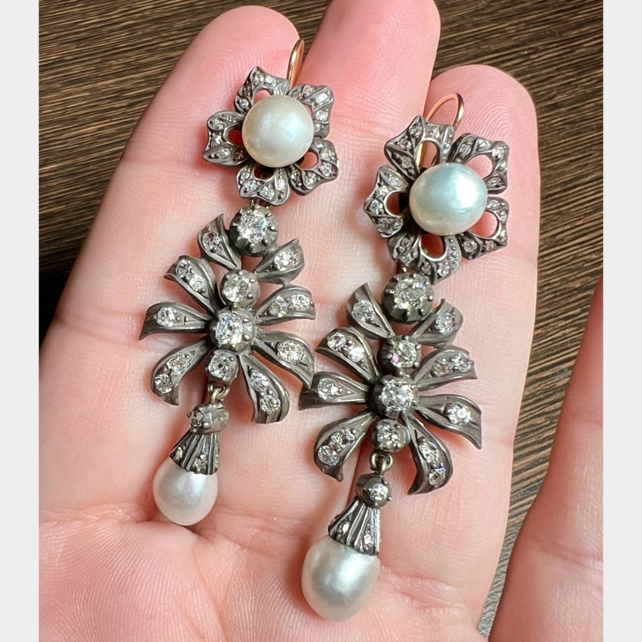 Victorian 14K & Silver Top GIA Certified Pearl and Diamond Earrings
