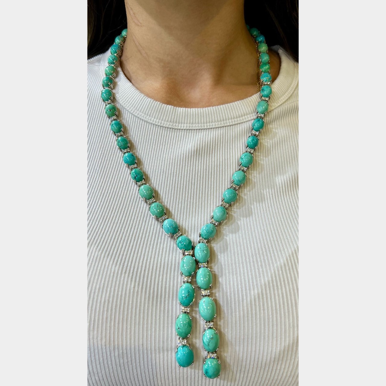 1960’s 18K White Gold Persian Turquoise & Diamond Necklace