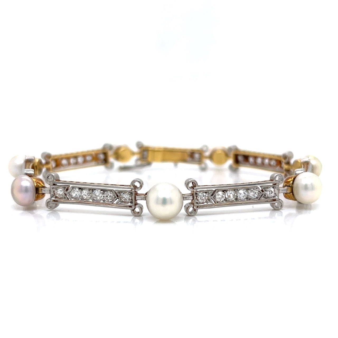 Edwardian 18K & Platinum GIA Certified Natural Pearl and Diamond Bracelet