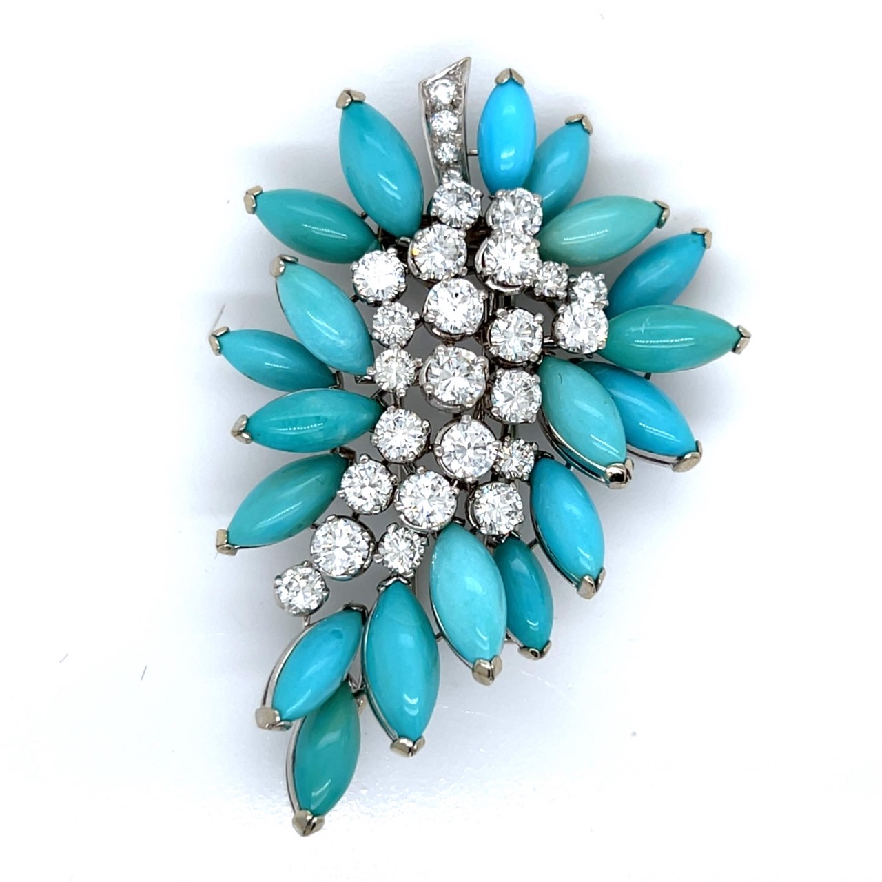 1960’s 18K White Gold Persian Turquoise & Diamond Brooch