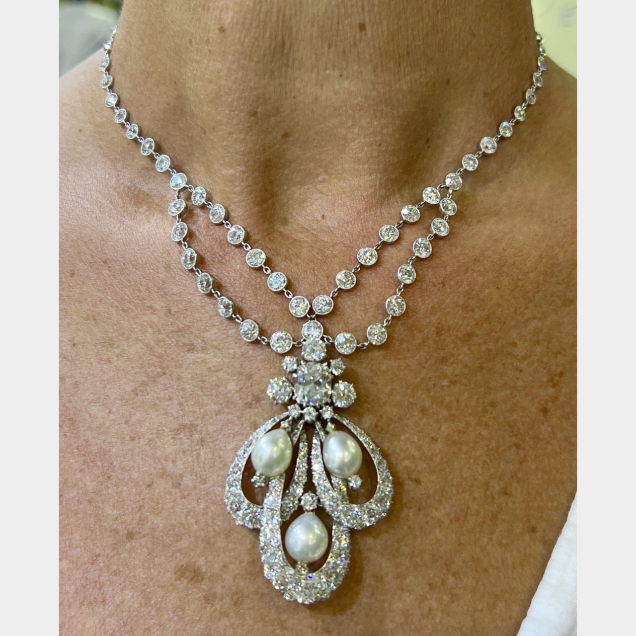 Art Deco Platinum GIA Certified Natural Pearl & Diamond Necklace