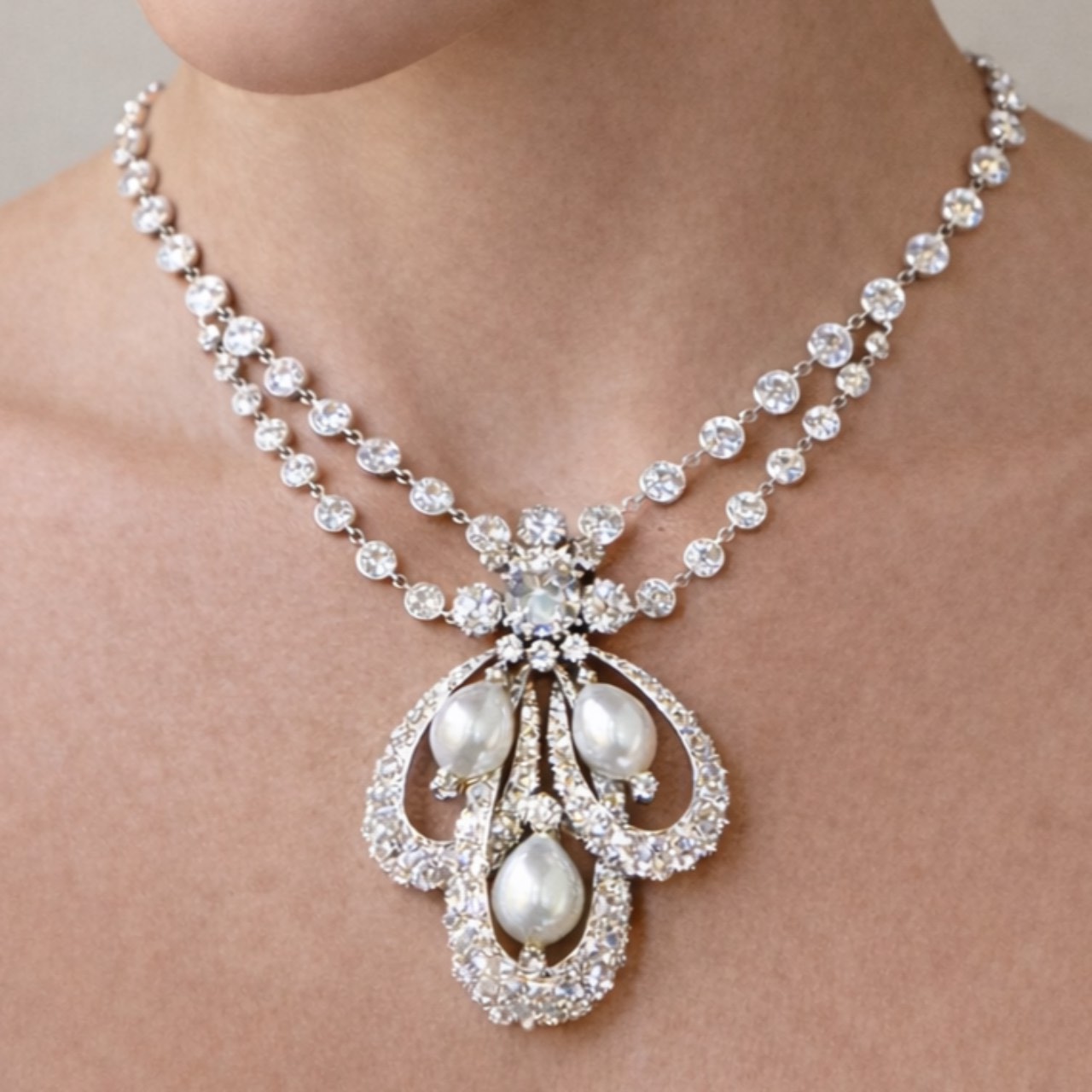 Art Deco Platinum GIA Certified Natural Pearl & Diamond Necklace