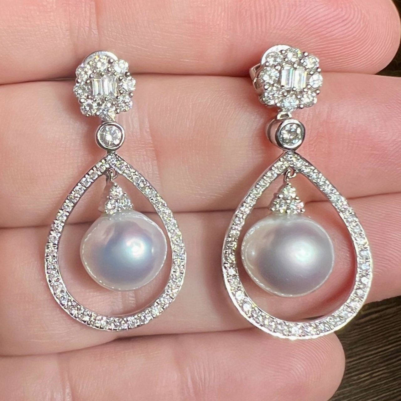 18K White Gold South Sea Pearl & Diamond Earrings