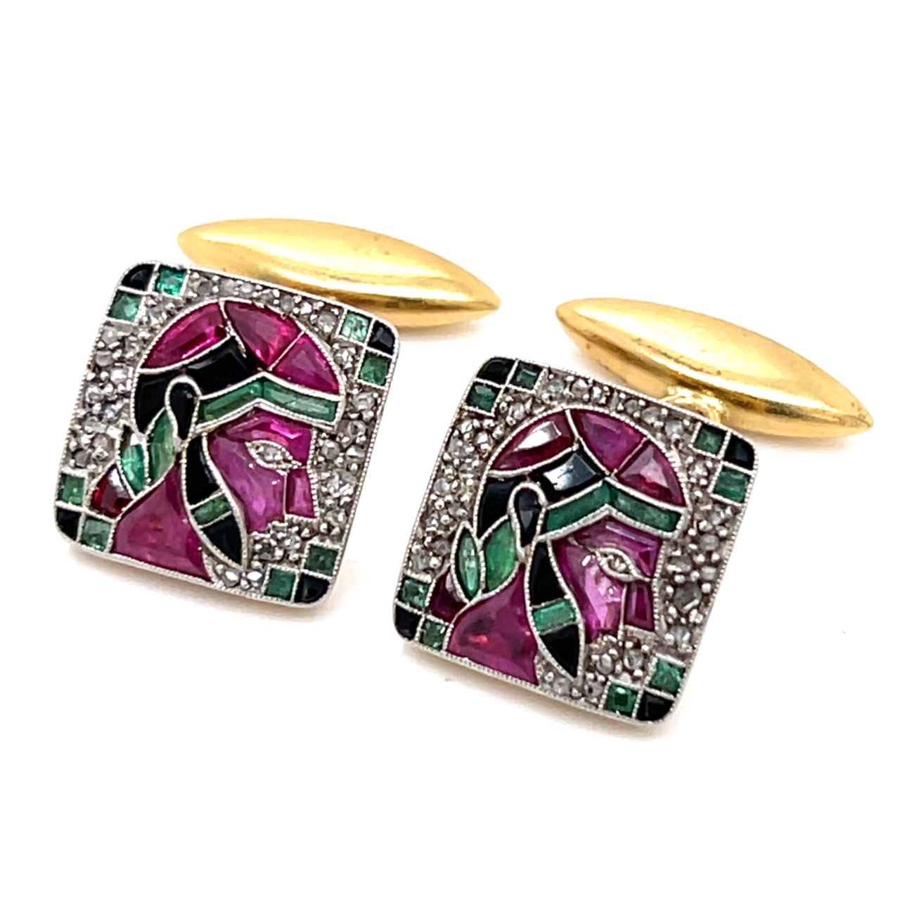Art Deco Egyptian-style Platinum & 18K Diamond, Ruby, Emerald, & Onyx Cufflinks