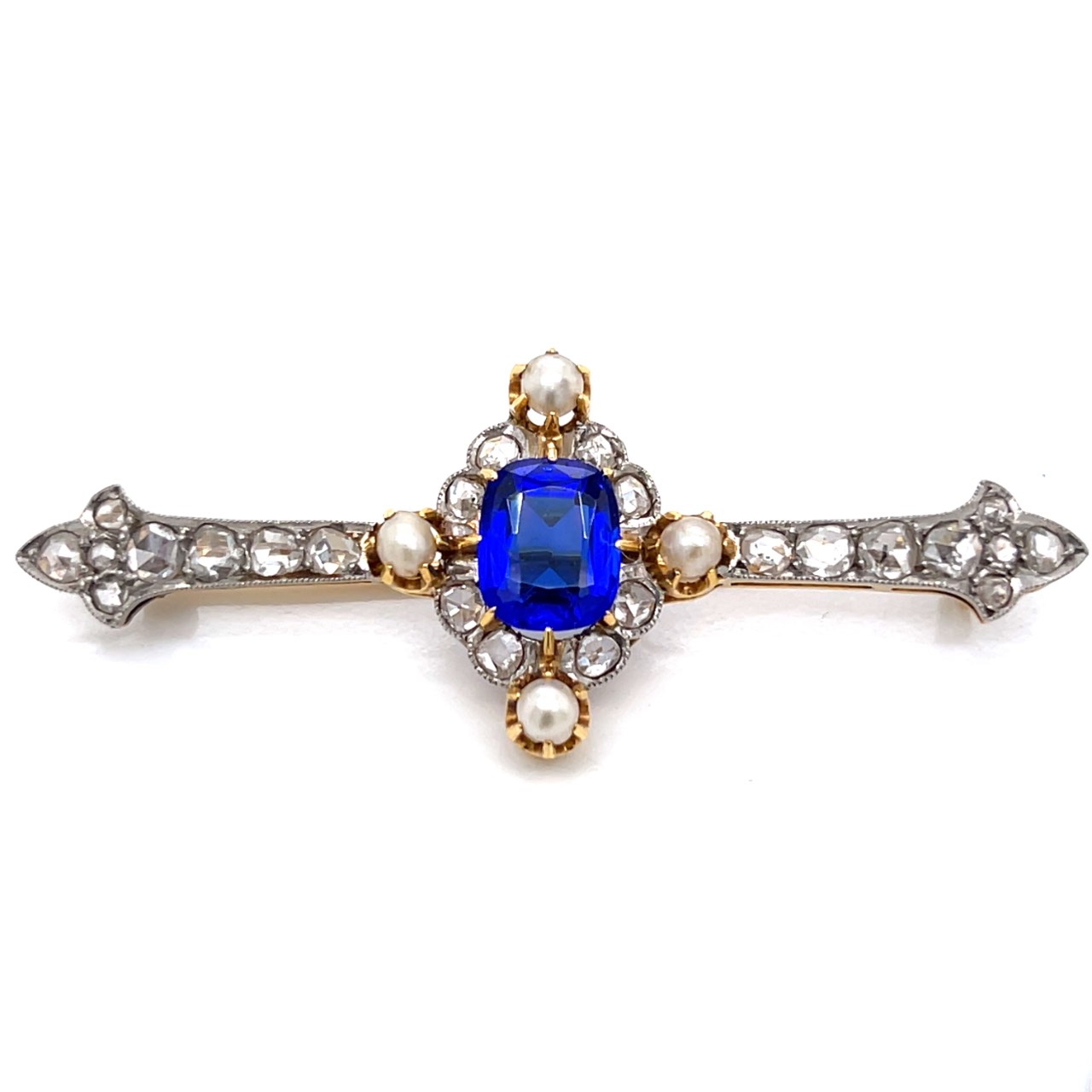 Victorian 18K Yellow Gold & Platinum Synthetic Sapphire, Natural Pearl, and Diamond Brooch