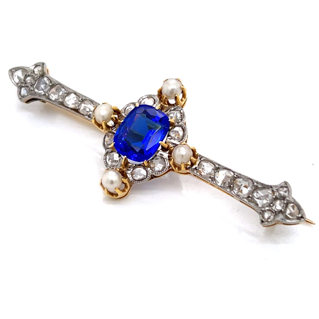 Victorian 18K Yellow Gold & Platinum Synthetic Sapphire, Natural Pearl, and Diamond Brooch