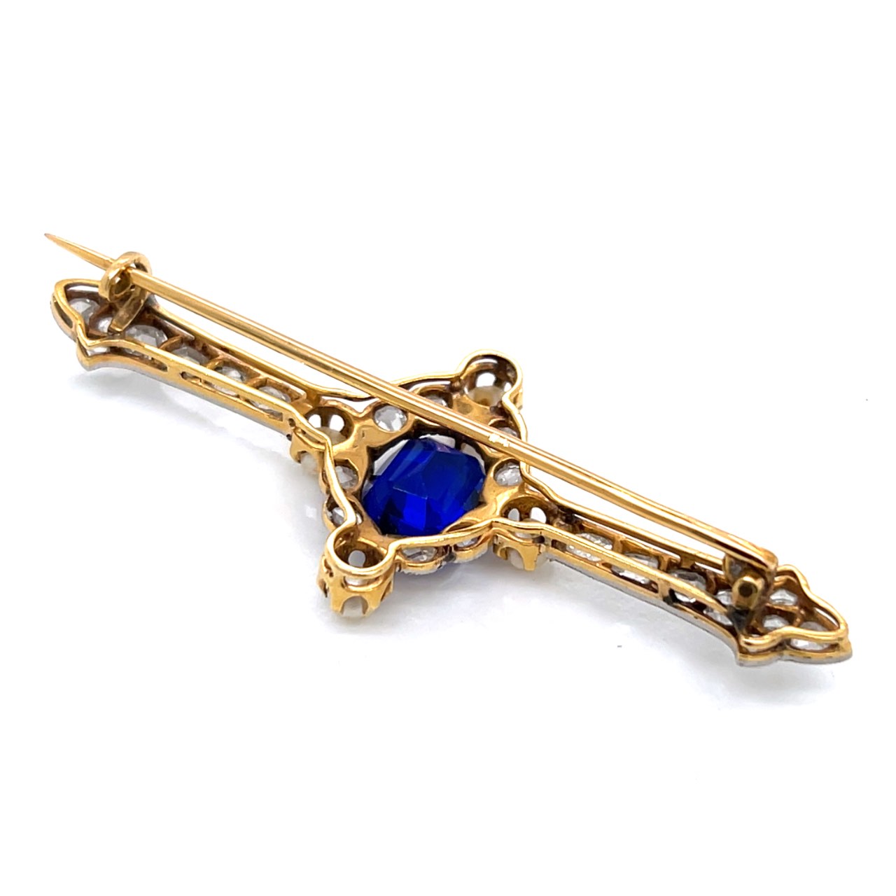 Victorian 18K Yellow Gold & Platinum Synthetic Sapphire, Natural Pearl, and Diamond Brooch