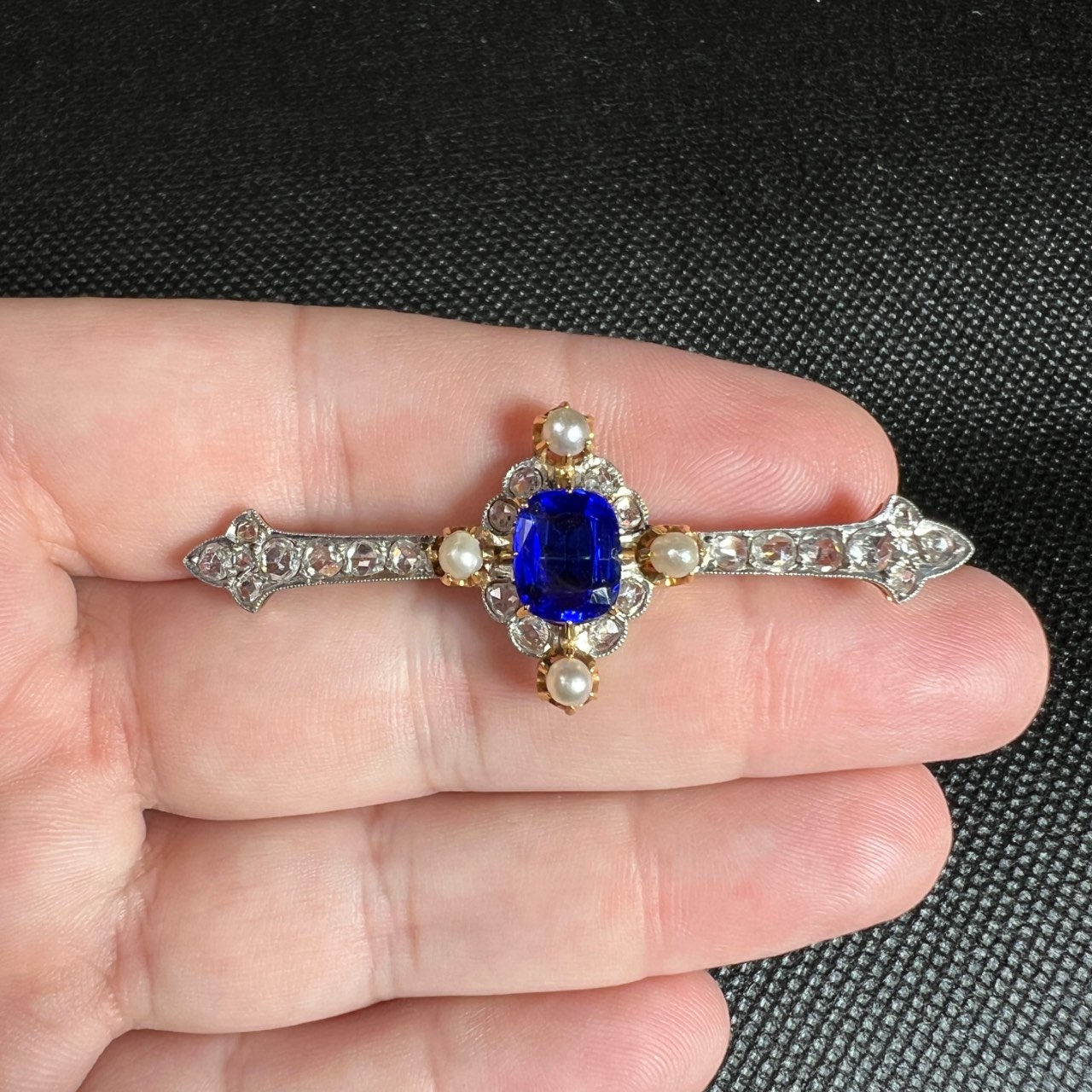 Victorian 18K Yellow Gold & Platinum Synthetic Sapphire, Natural Pearl, and Diamond Brooch