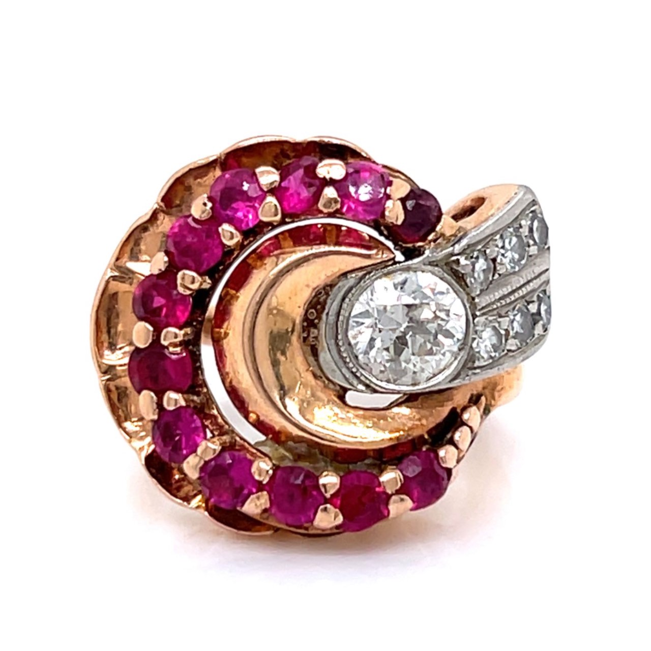 Retro 14K Rose Gold Diamond & Synthetic Ruby Ring