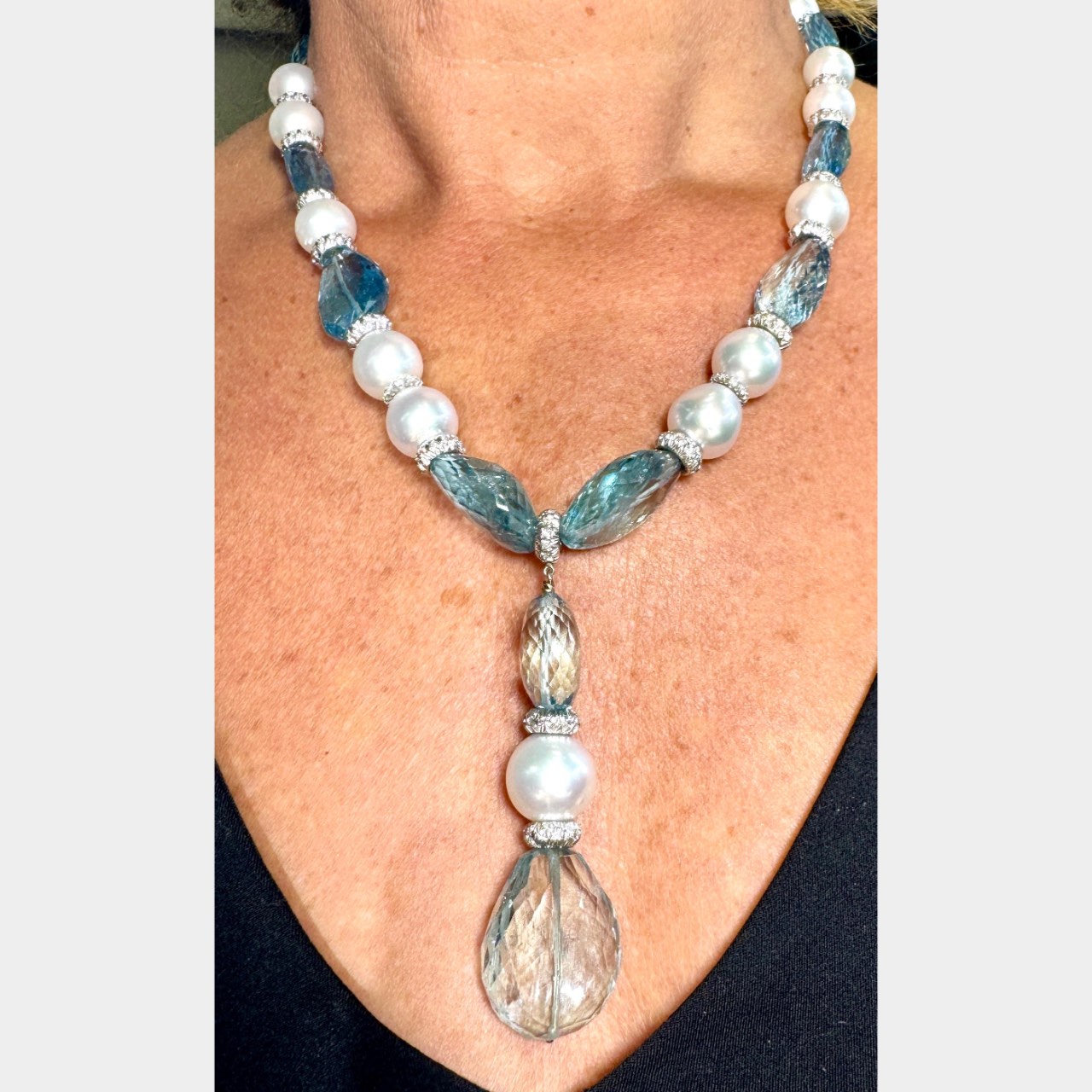 JABEL Platinum & 18K White Gold Aquamarine, South Sea Pearl, and Diamond Necklace