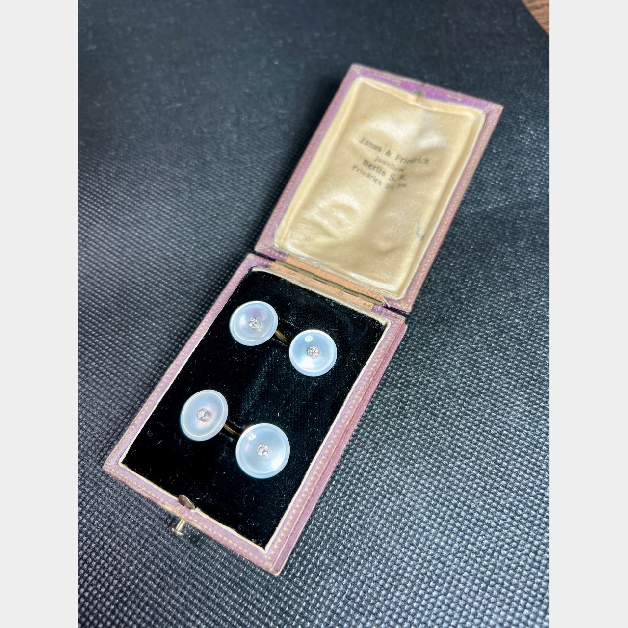 Antique Art Deco 14K Yellow Gold Mother of Pearl and Diamond Cufflinks