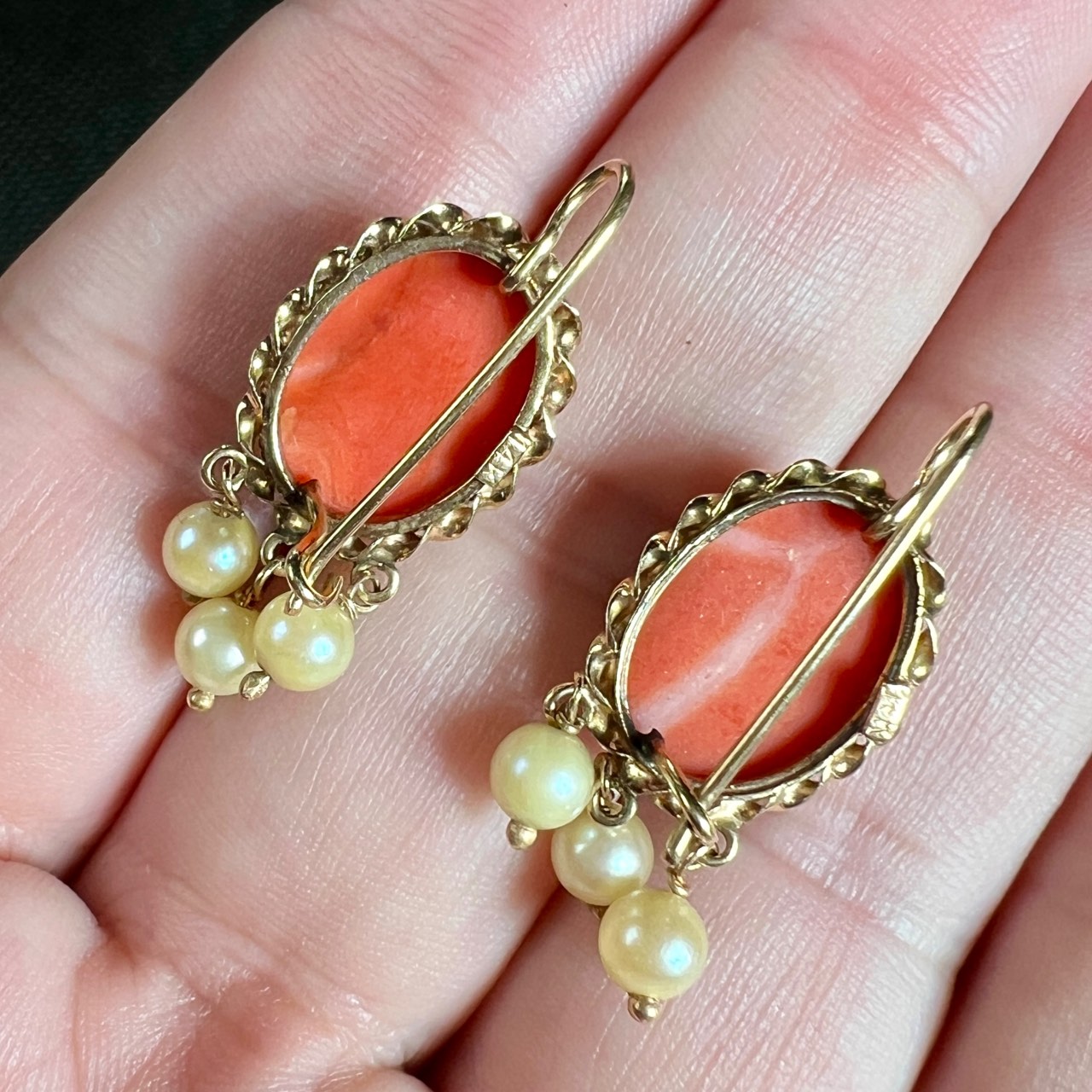 1960’s 14K Yellow Gold Coral & Pearl Earrings