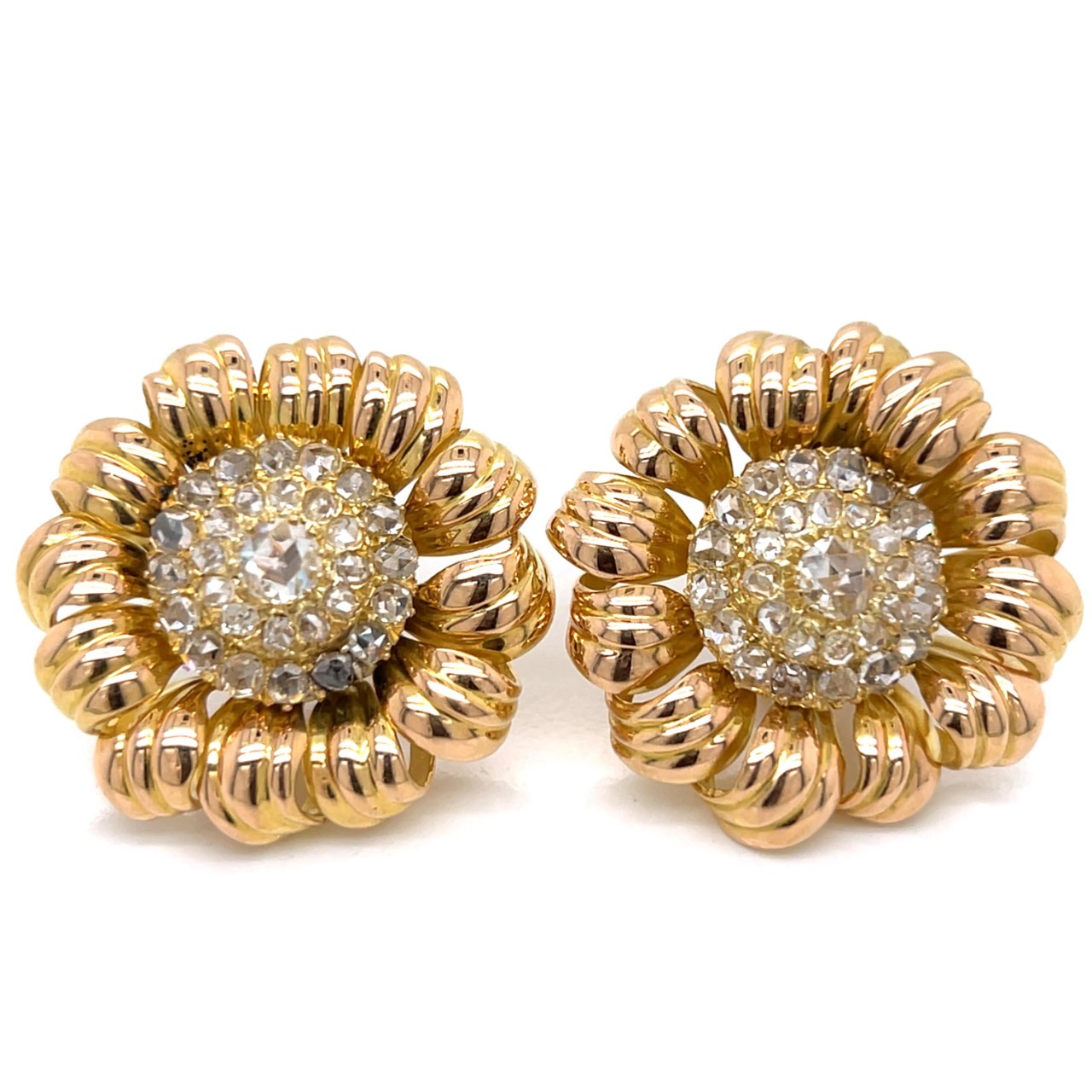 1960’s French 18K Yellow Gold 2.60 Ct. Diamond Flower Earrings