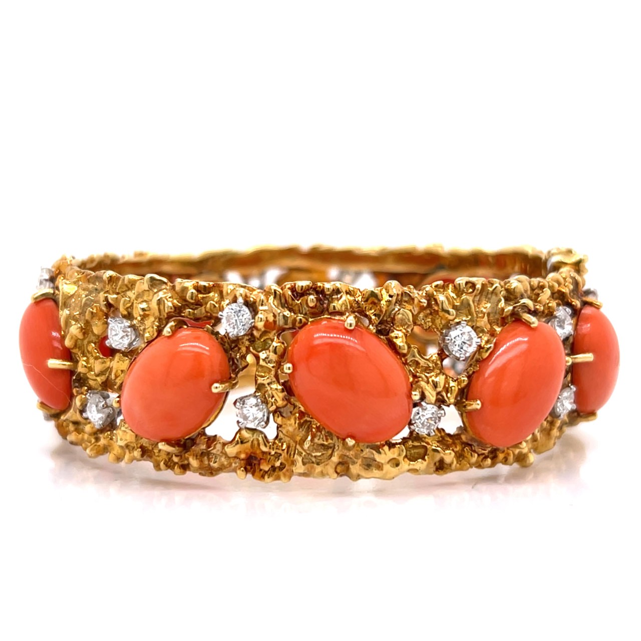 1960’s 18K Yellow Gold Coral & Diamond Bangle Bracelet