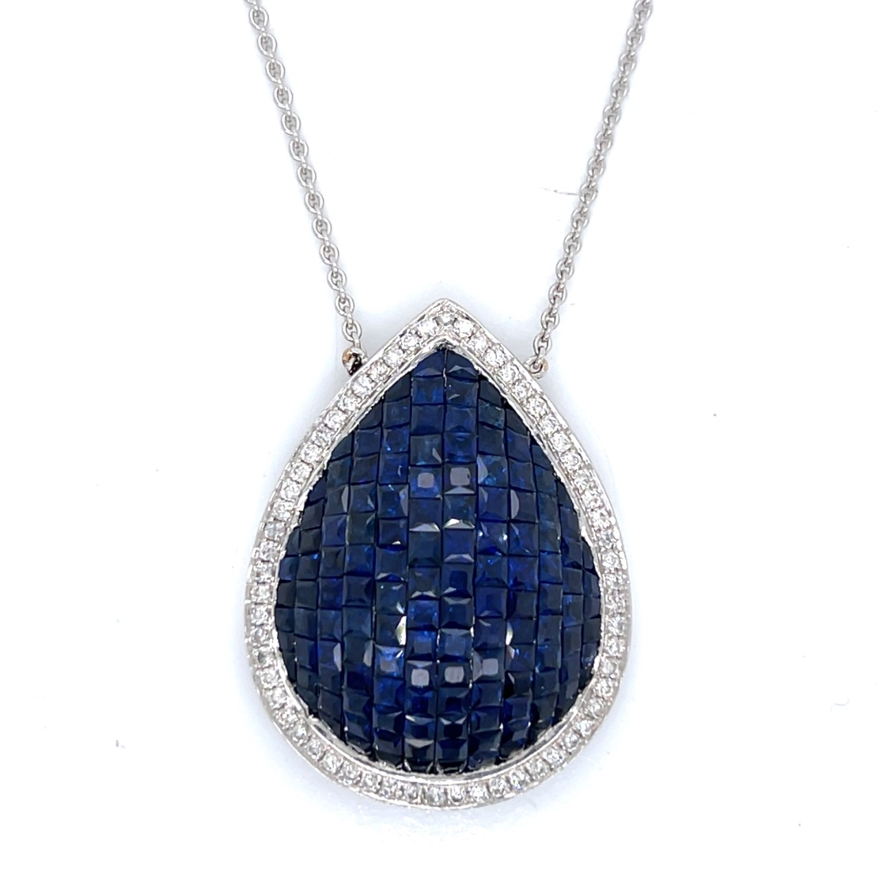 18K White Gold Sapphire & Diamond Pendant w/ 14K White Gold Diamond Chain