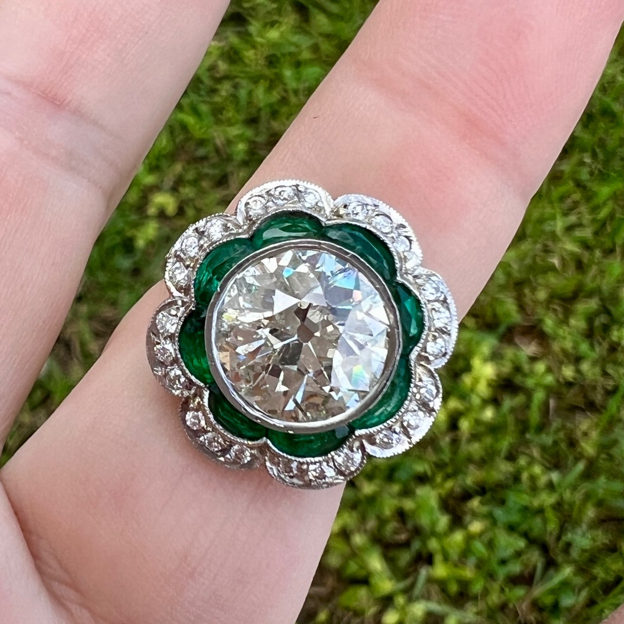 Art Deco Platinum & 18K Yellow Gold 4.03 Ct. Diamond and Emerald Ring - Image 4