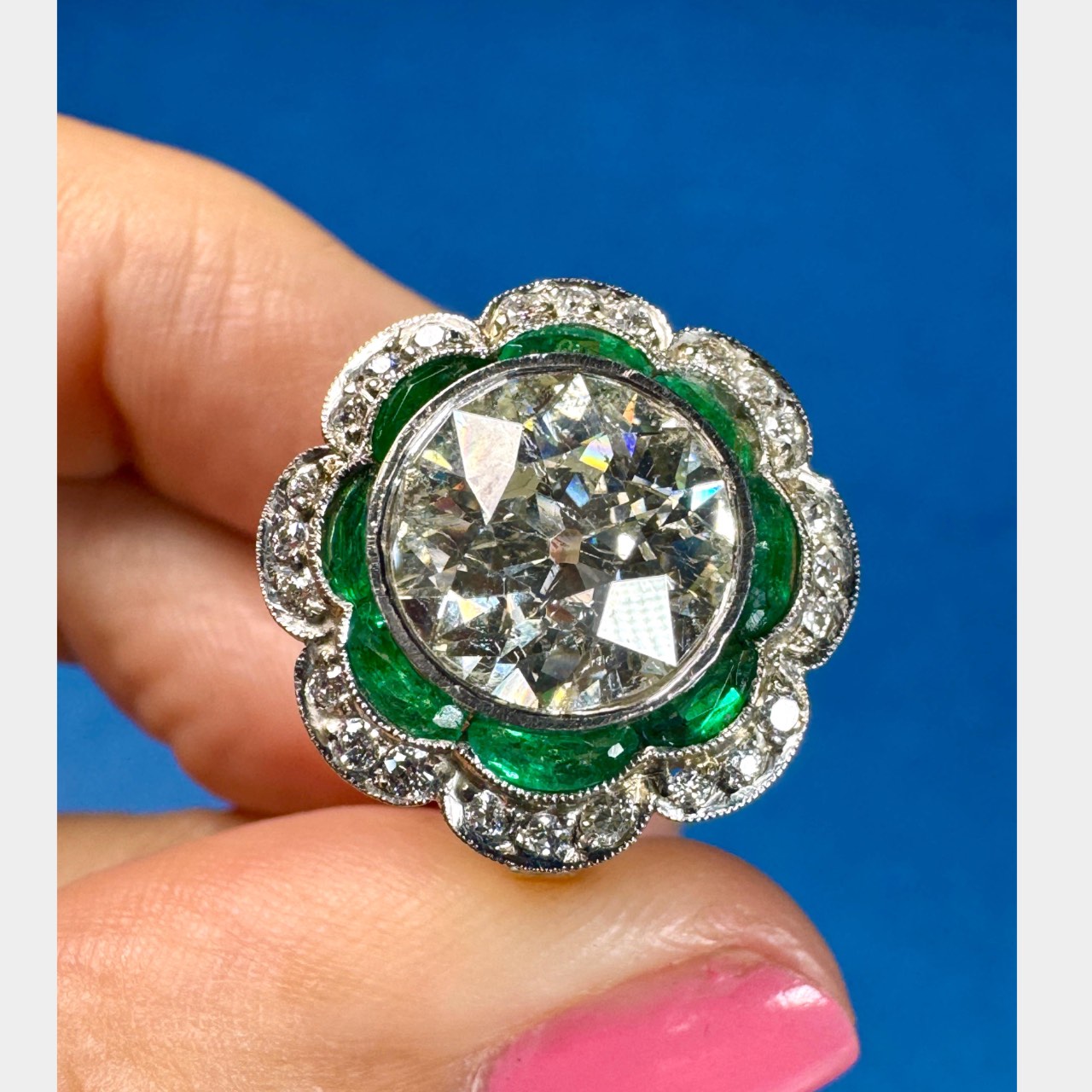 Art Deco Platinum & 18K Yellow Gold 4.03 Ct. Diamond and Emerald Ring - Image 5
