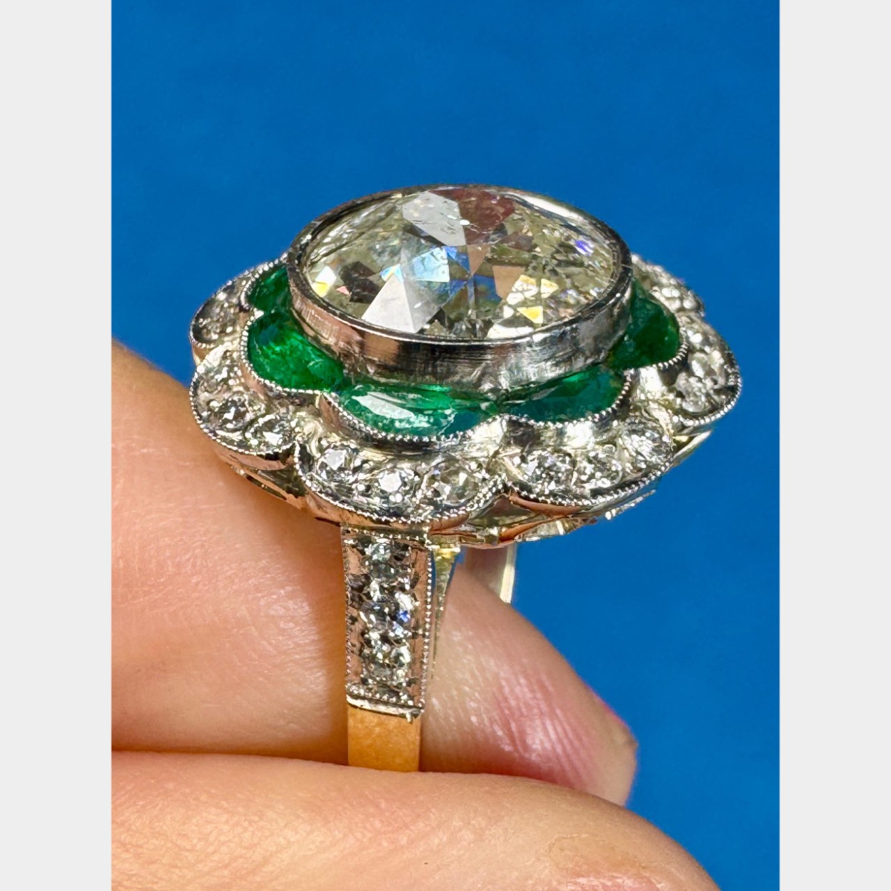 Art Deco Platinum & 18K Yellow Gold 4.03 Ct. Diamond and Emerald Ring - Image 6