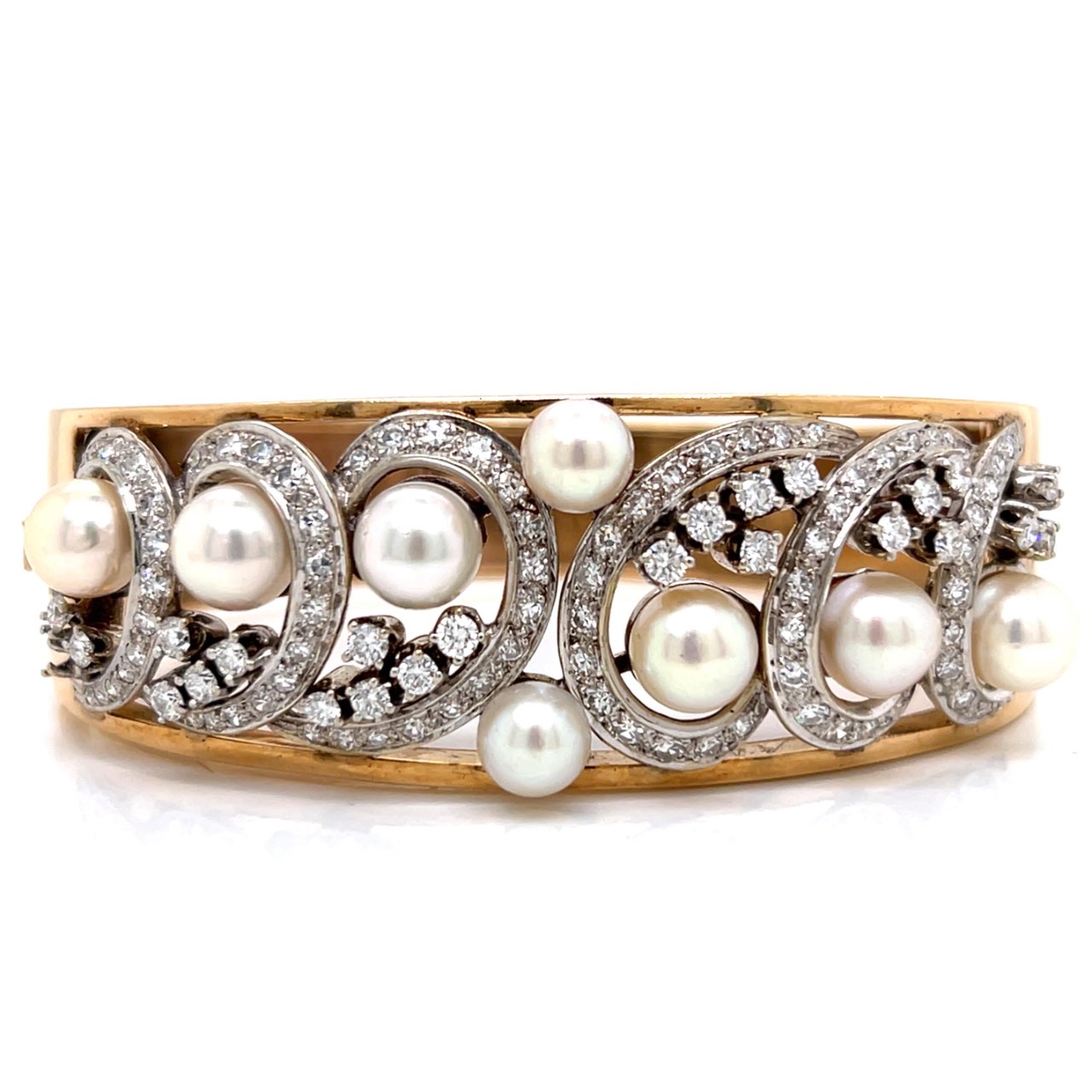 Art Deco 14K Yellow Gold & Platinum Pearl and Diamond Brooch