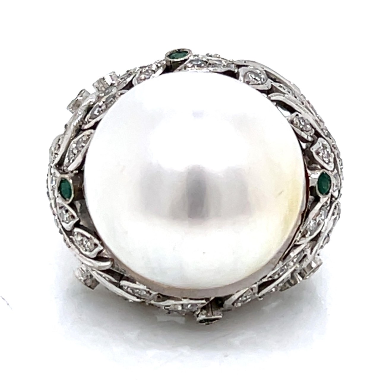 18K White Gold Pearl, Diamond, and Emerald Ring