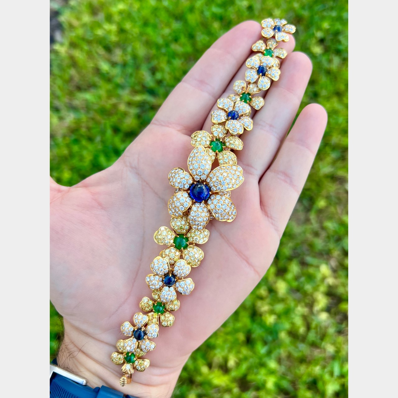 1980’s French 18K Yellow Gold Diamond Emerald, and Sapphire Bracelet