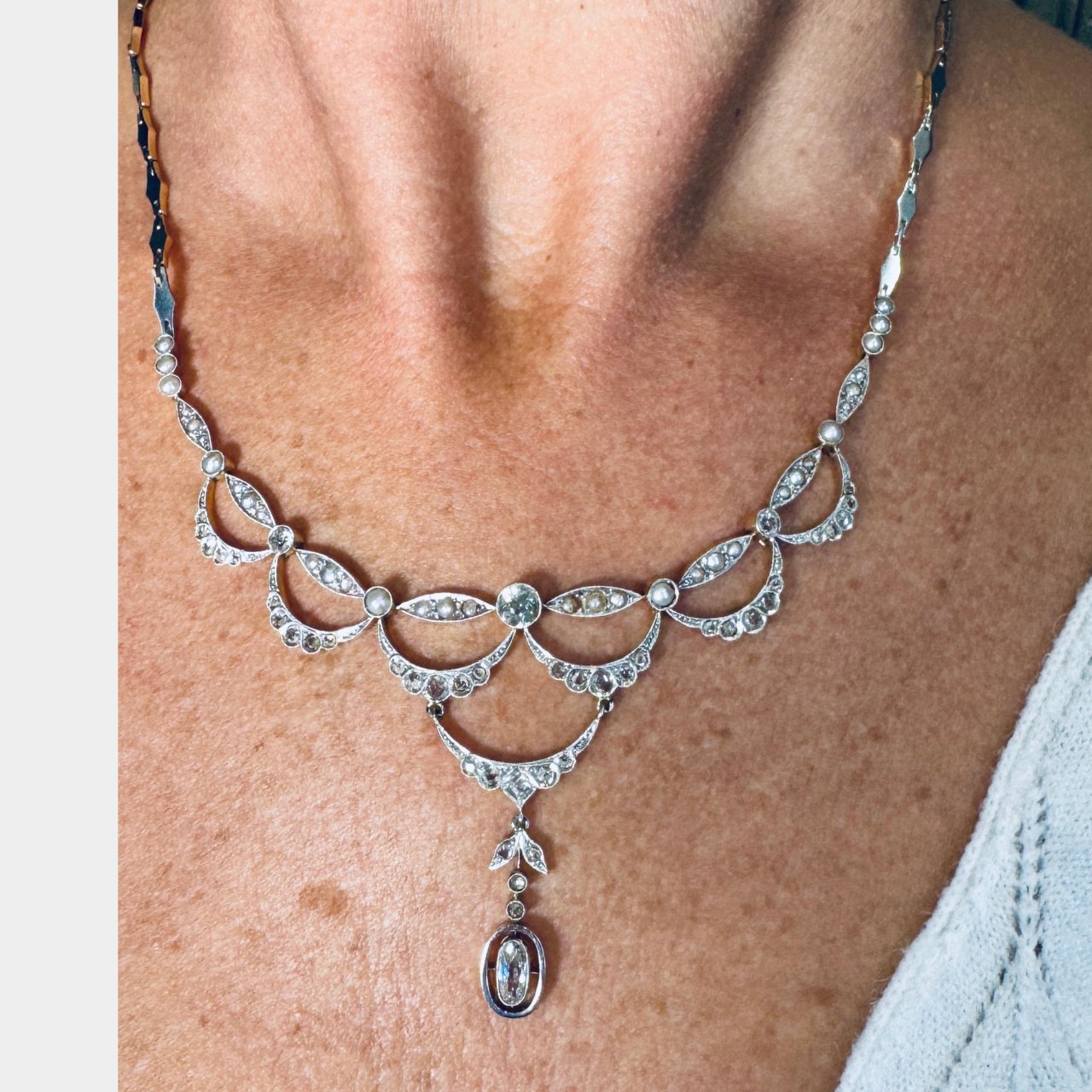 Victorian 18K Yellow Gold & Platinum Top Diamond and Natural Pearl Necklace Victorian 18K Yellow Gold & Platinum Top Diamond and Natural Pearl Necklace